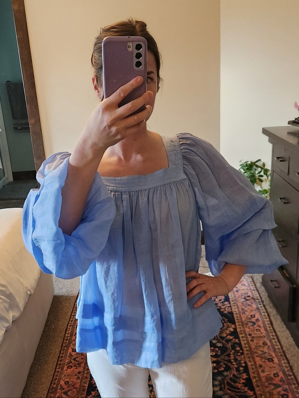 Vibrant Blue Banana Republic Square-Neck Peasant Blouse